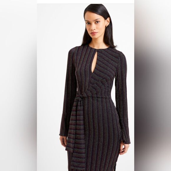 NWT French Connection PAULA KEYHOLE DRESS Midi dresses sz S black stripe party - Picture 3 of 15